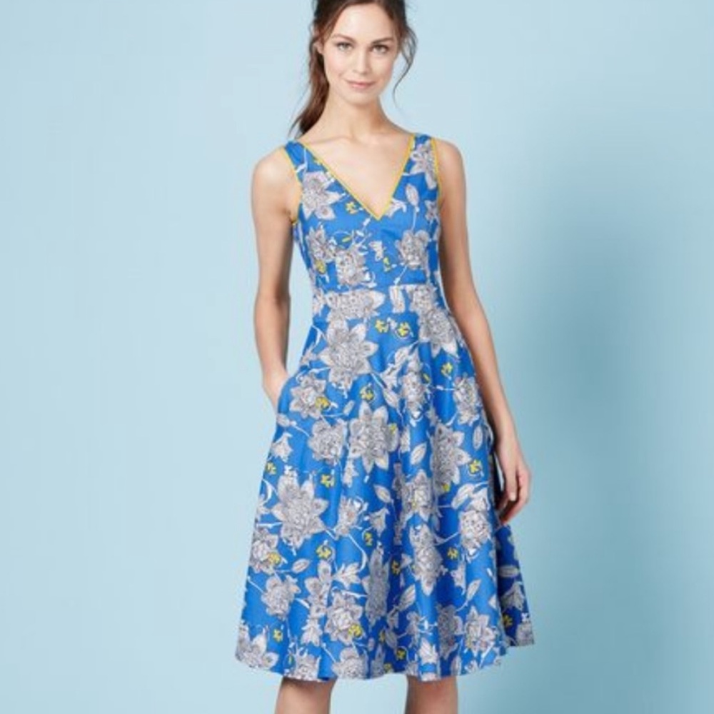 Boden Royal Blue Floral V-Neck Midi Dress